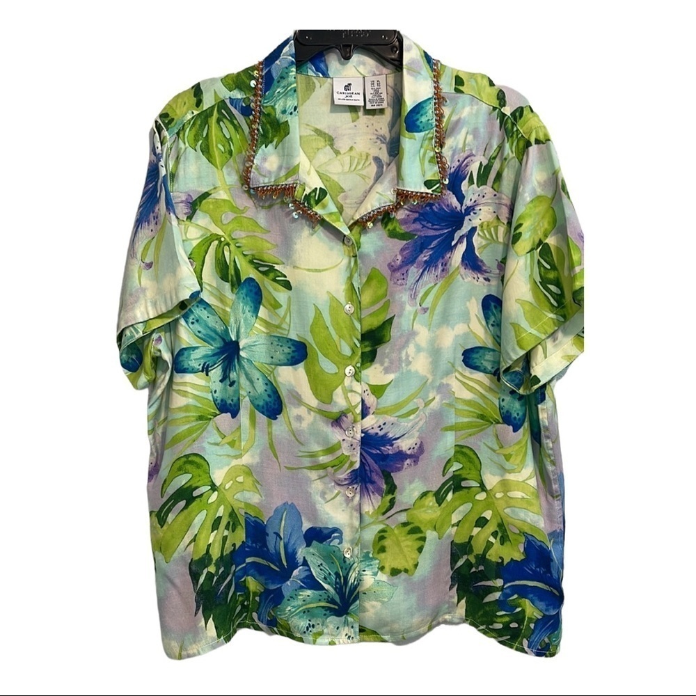 Caribbean Joe Silk Blend Sequin Hawaiian Floral  Button Down Shirt Women's XL